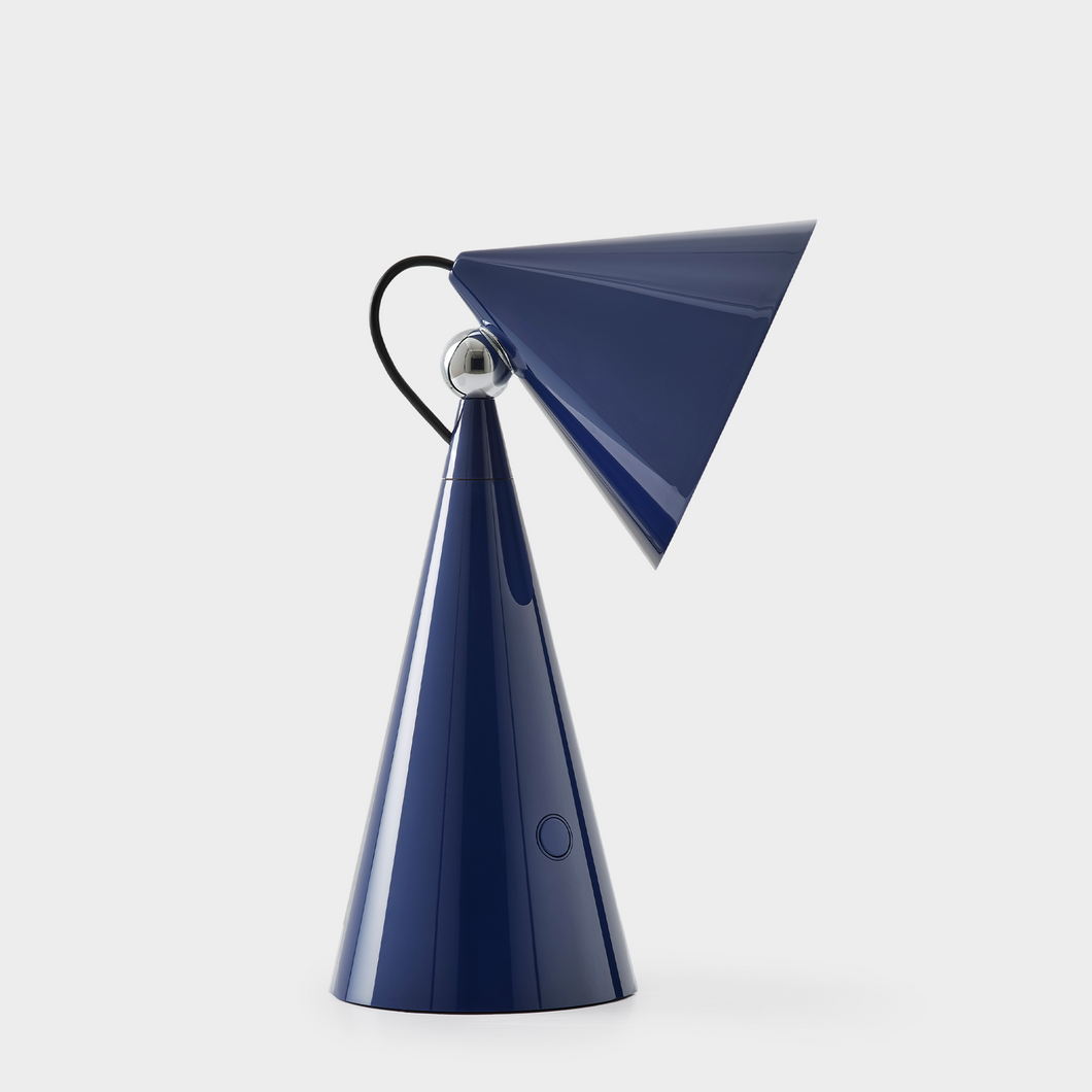 Blue lamp with a modern design on a white background