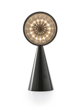 Load image into Gallery viewer, Modern dark olive green table lamp with a round, textured light fixture on a white background