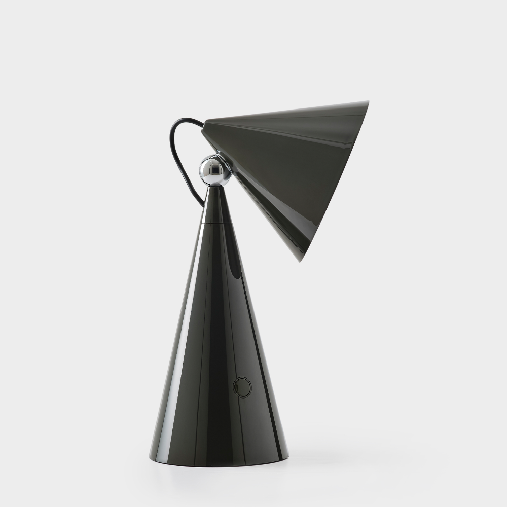 Dark Olive Green lamp with a cone-shaped shade on a white background .