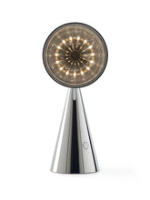 Load image into Gallery viewer, Modern table lamp with a silver metallic base and LED glass shade on a white background