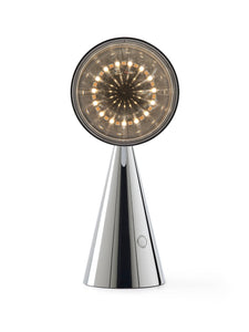Modern table lamp with a silver metallic base and LED glass shade on a white background