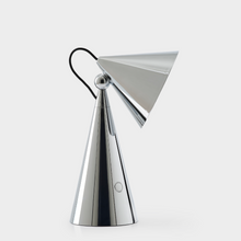 Load image into Gallery viewer, Modern silver lamp with a cone-shaped shade on a white background